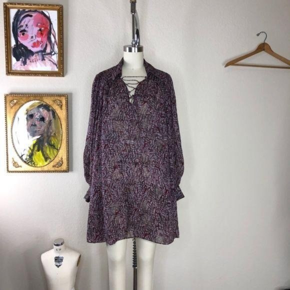 Rebecca Minkoff Silk Long Sleeve Caged Lace Up Tun - Picture 2 of 5